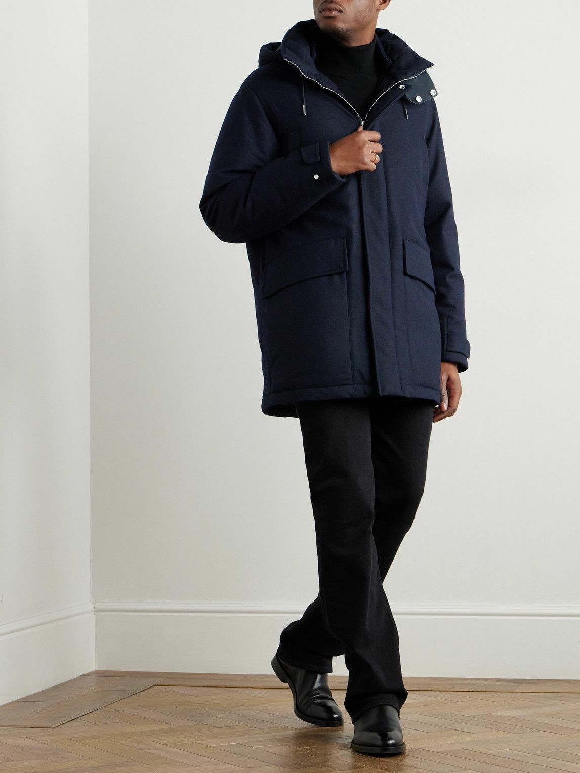 Zegna - Suede-Trimmed TECHMERINO™ Wool Hooded Down Parka - Blue Zegna