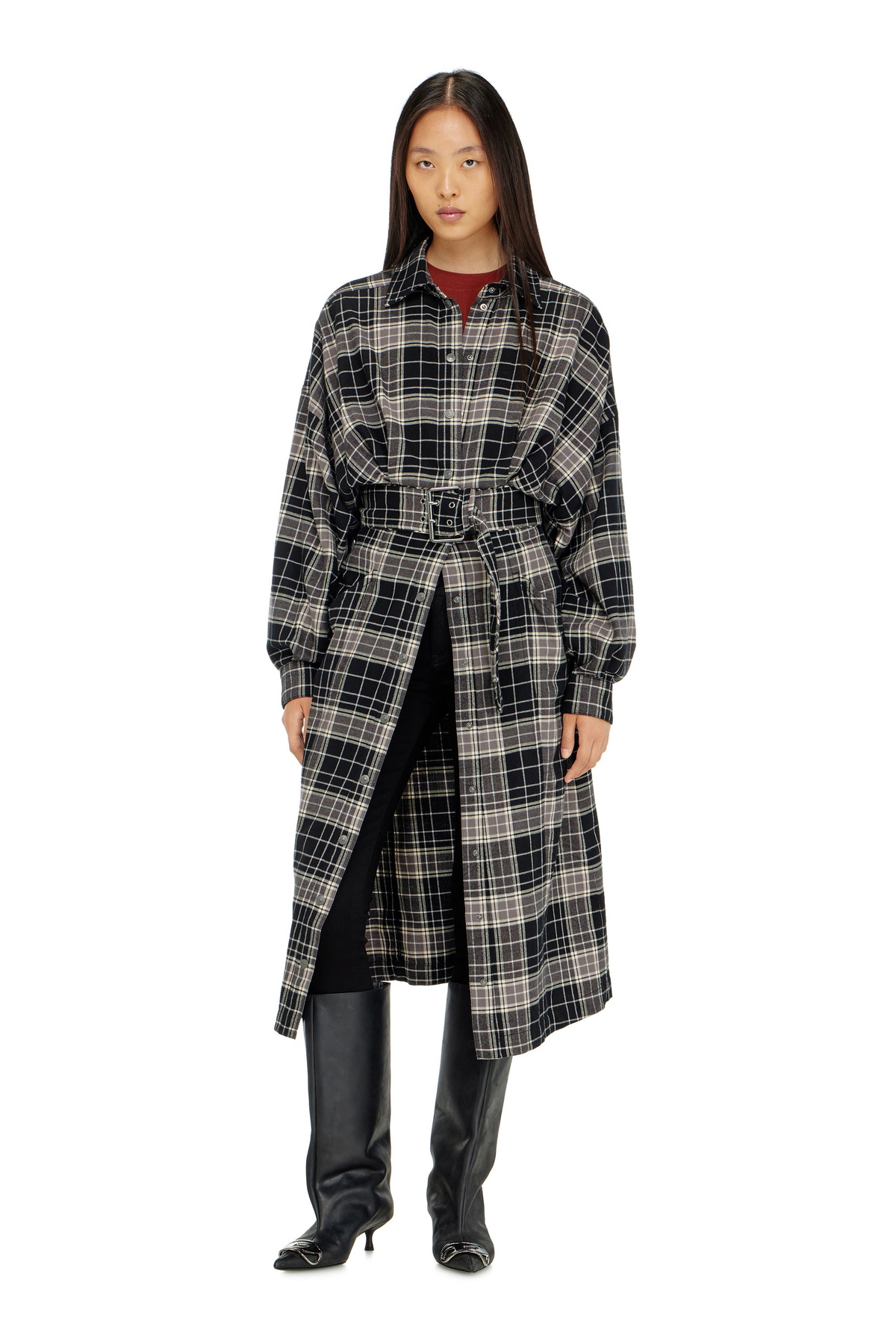 Diesel Midi dress in check flannel with wide belt - Dresses Womens in Multicolor