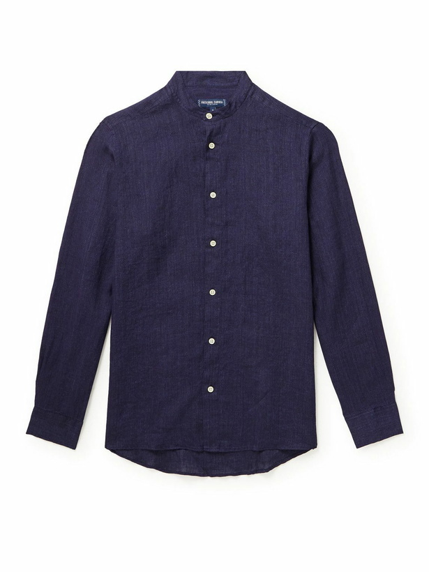 Photo: Frescobol Carioca - Jorge Grandad-Collar Linen Shirt - Blue