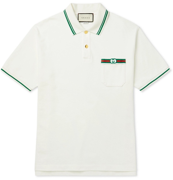 Photo: Gucci - Contrast-Tipped Logo-Embroidered Cotton Polo Shirt - Neutrals