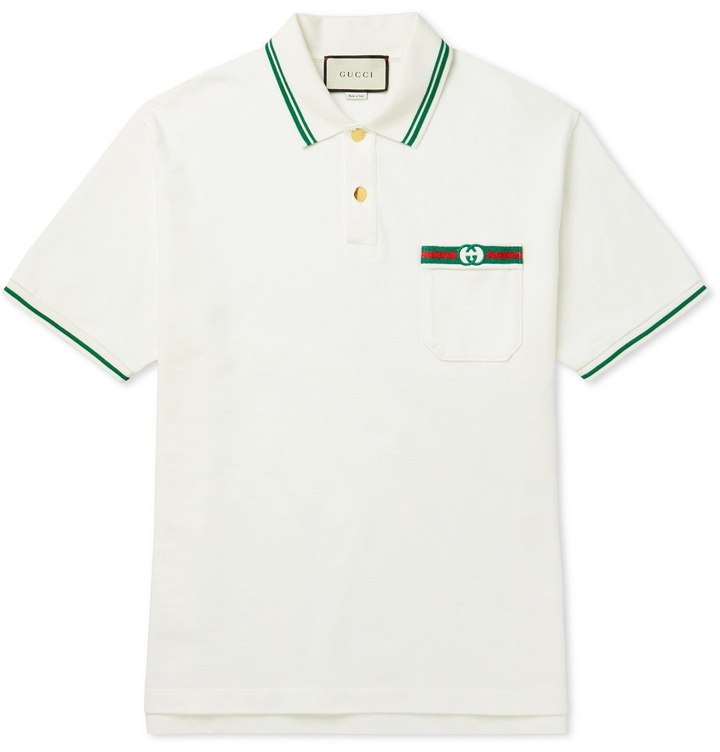 Photo: Gucci - Contrast-Tipped Logo-Embroidered Cotton Polo Shirt - Neutrals