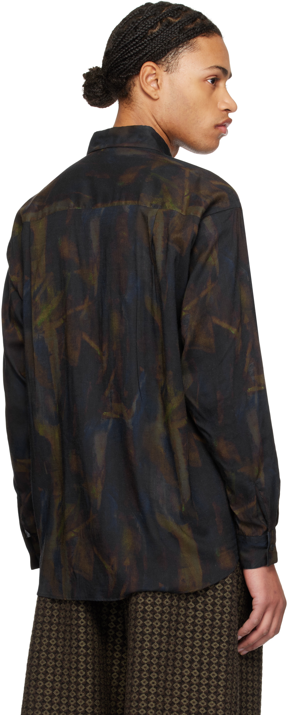 YOKE Navy Twill Patterned Regular Collar Shirt