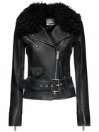 BLUMARINE - Belted Leather Jacket W/ Fur Collar