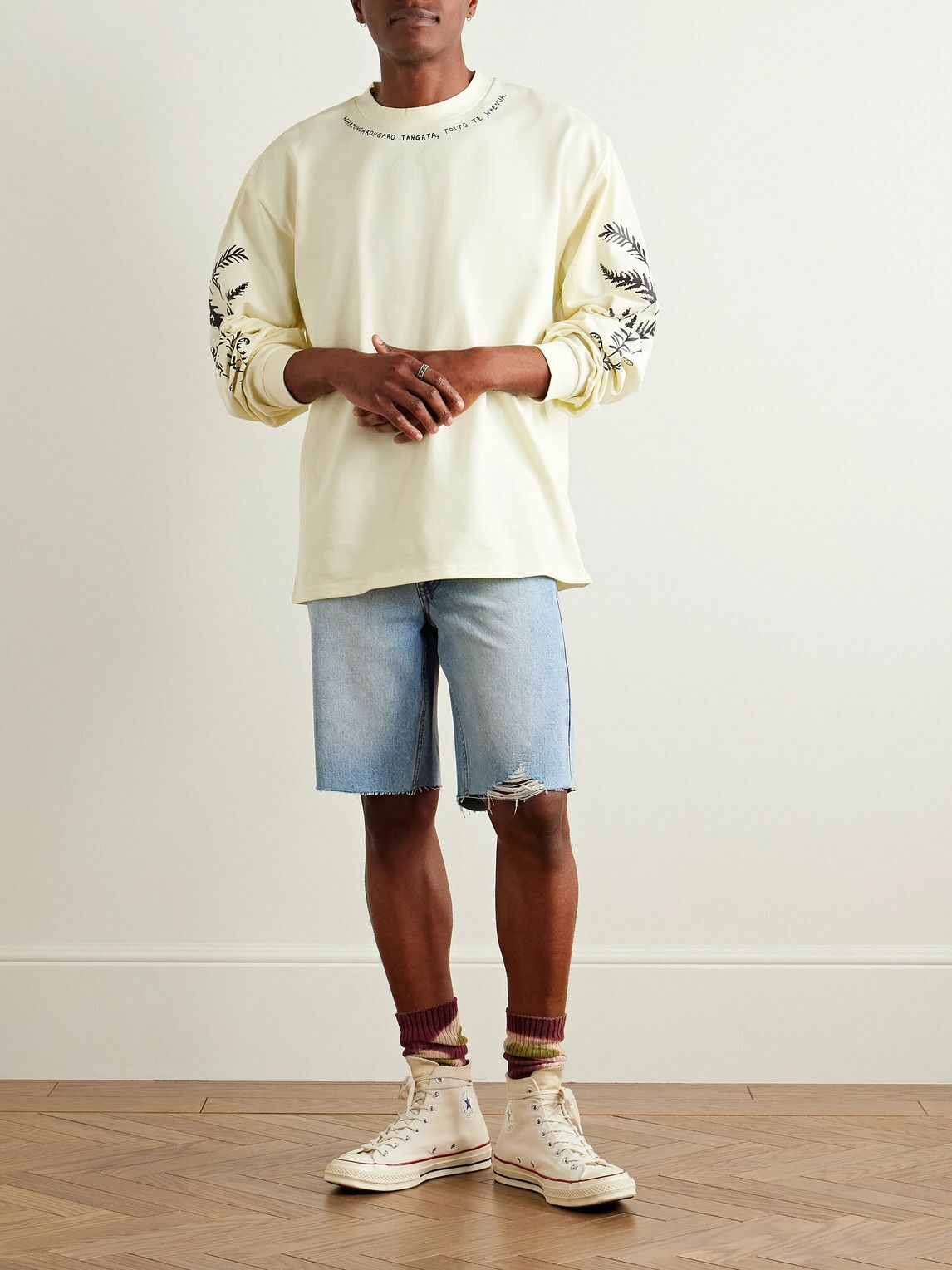 MANAAKI - Tama Slim-Fit Straight-Leg Distressed Denim Shorts - Blue