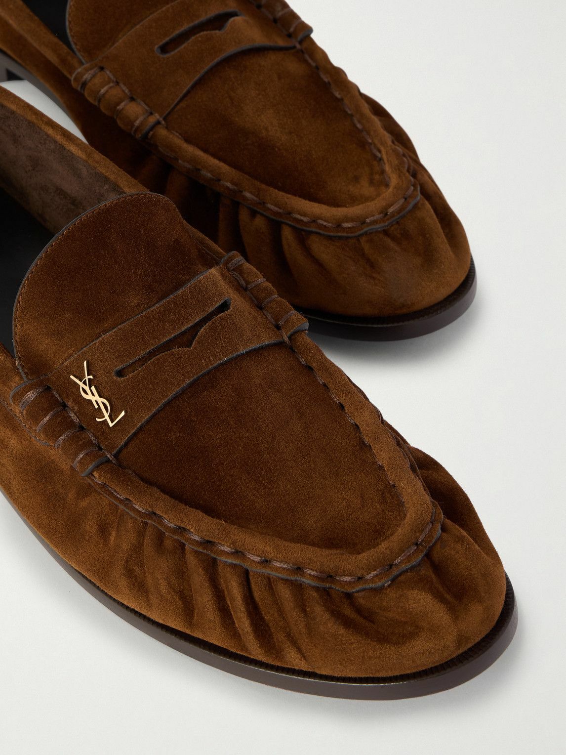 SAINT LAURENT - Le Loafer Monogram Logo-Appliquéd Suede Penny Loafers - Brown