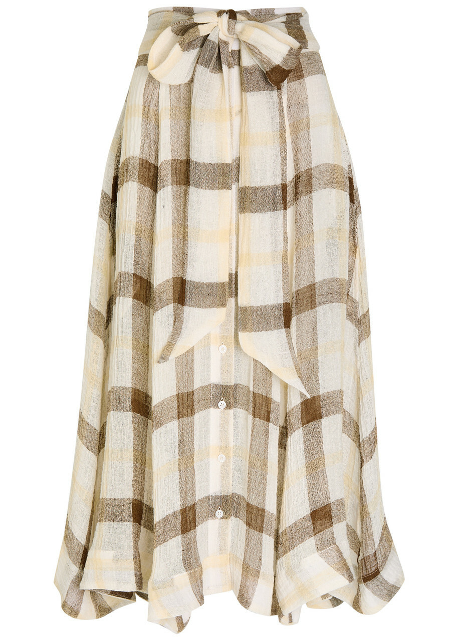 Lisa Marie Fernandez Checked Belted Linen-blend Midi Skirt Multicoloured