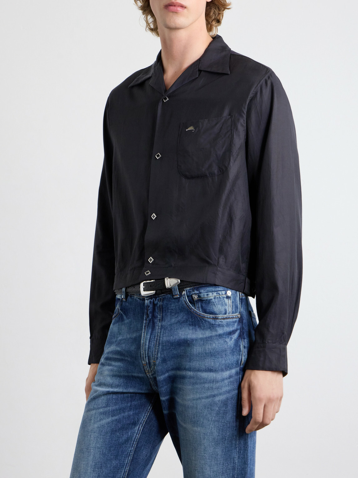 KAPITAL - Drizzler Camp-Collar Embroidered-Detail Satin Jacket - Black