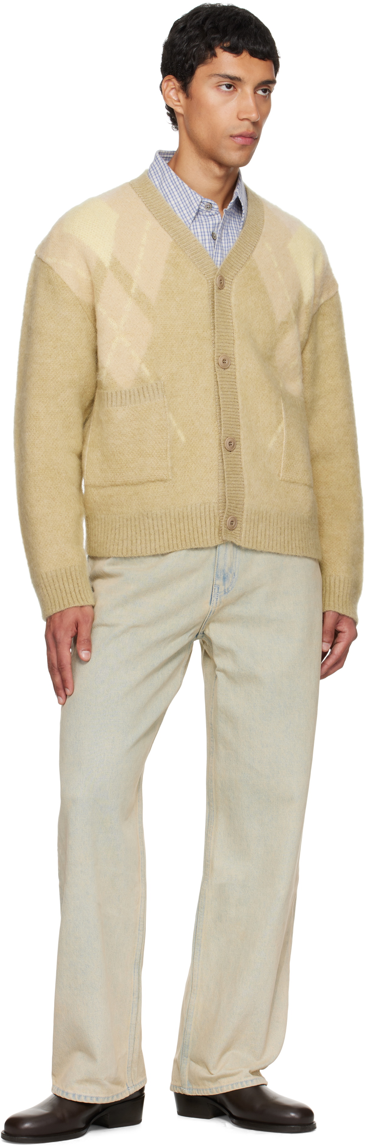 COOR Yellow Hairy Mixed Argyle Cardigan