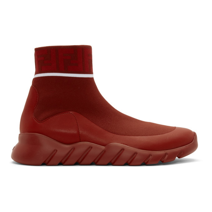 Photo: Fendi Red Tech Knit Forever Fendi High-Top Sneakers