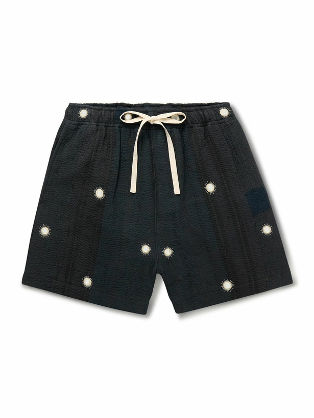Photo: Kartik Research - Straight-Leg Embellished Kantha Cotton Drawstring Shorts - Black