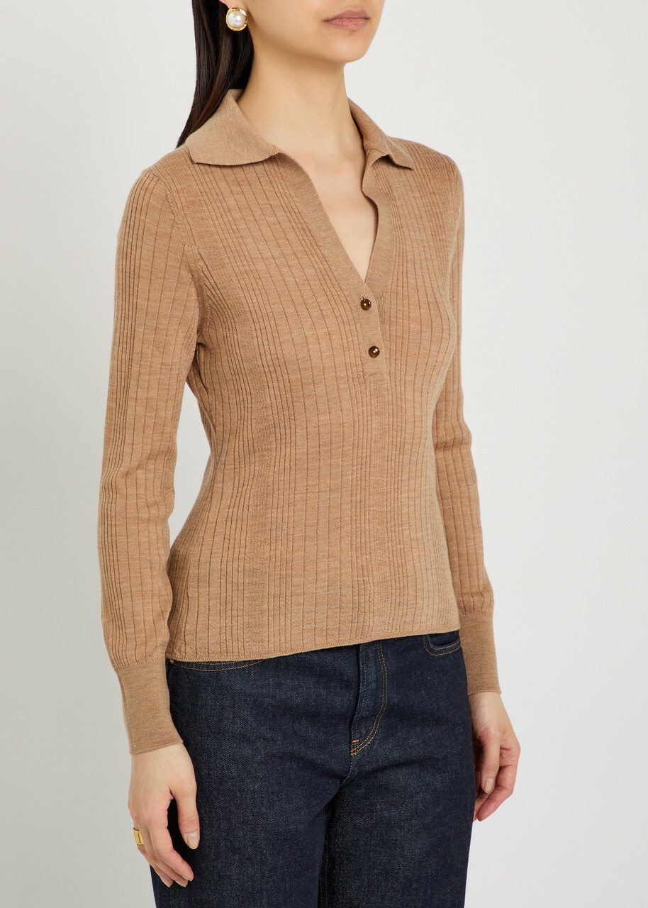 Veronica Beard Rouni Ribbed Merino-wool top Khaki