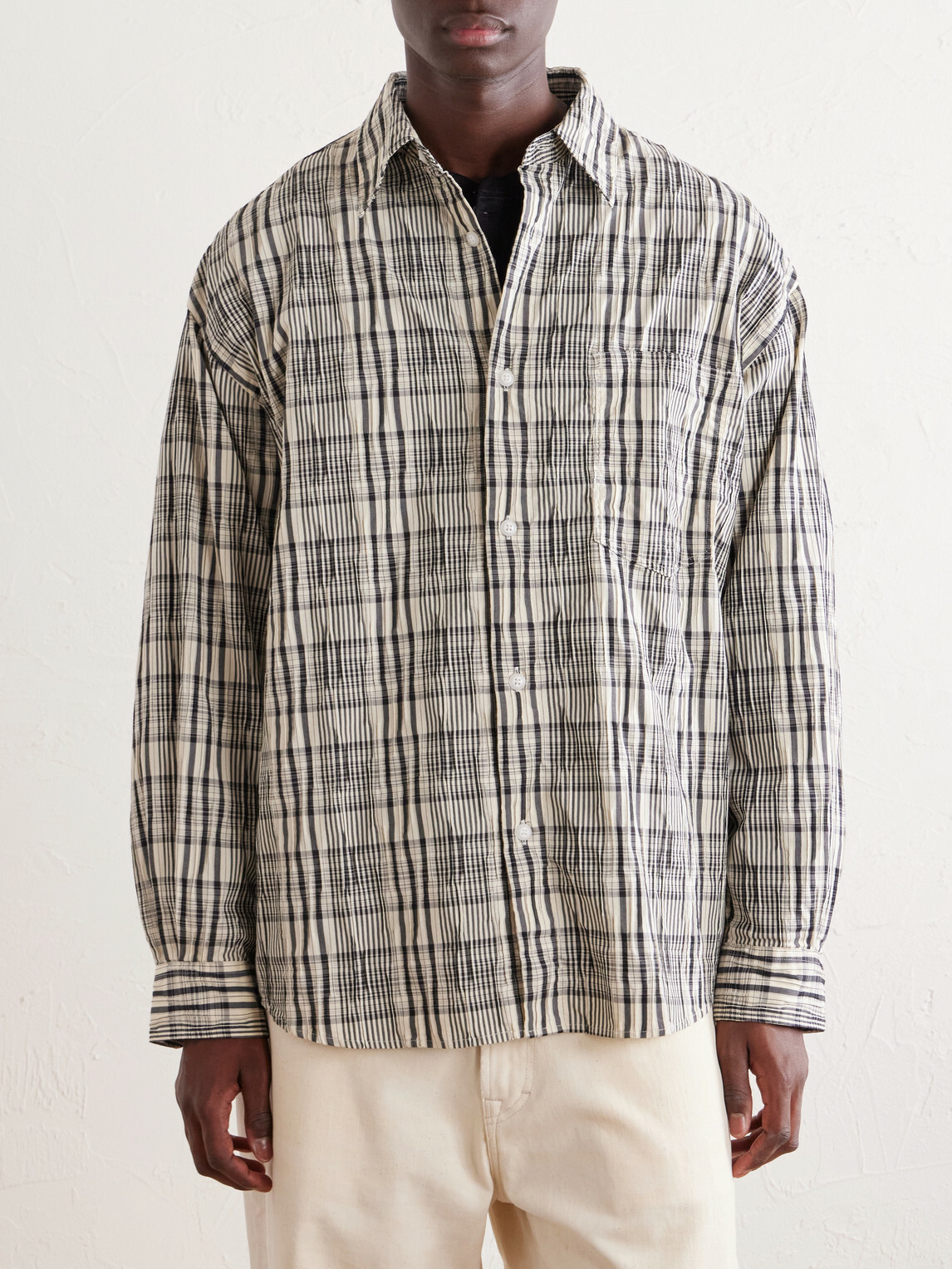 FrizmWORKS - Striped Crinkled Cotton-Blend Shirt - Gray