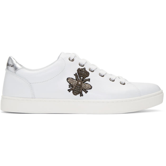 Photo: Dolce and Gabbana White Embroidered Bee Crown Sneakers