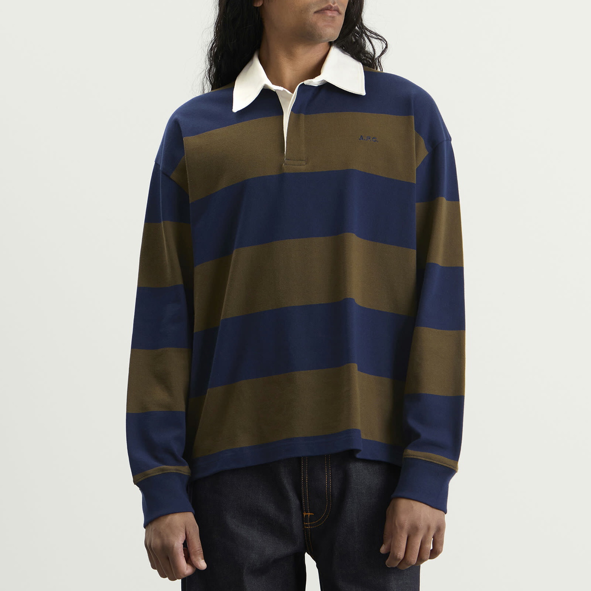 A.P.C. Men's Isaac Block Stripe Rugby Shirt in Dark Navy