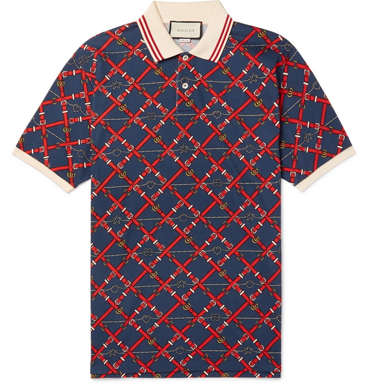 Photo: Gucci - Slim-Fit Printed Stretch-Cotton Piqué Polo Shirt - Blue