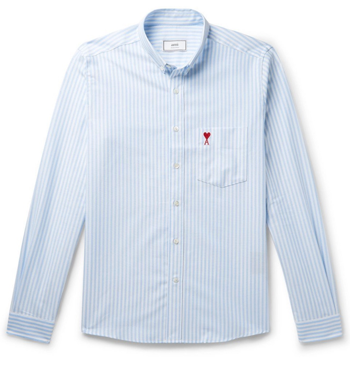 Photo: AMI - Button-Down Collar Logo-Appliquéd Striped Cotton Oxford Shirt - Blue