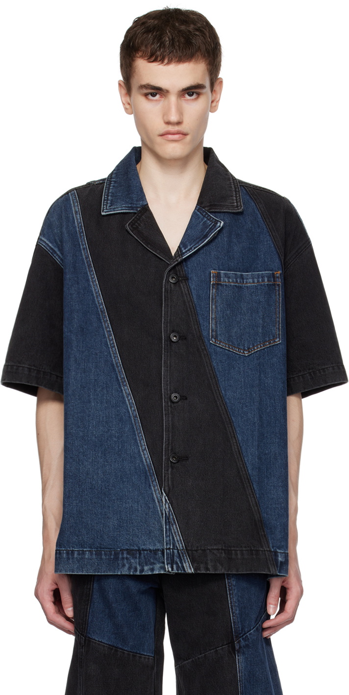Feng Chen Wang Black & Blue Paneled Denim Shirt Feng Chen Wang