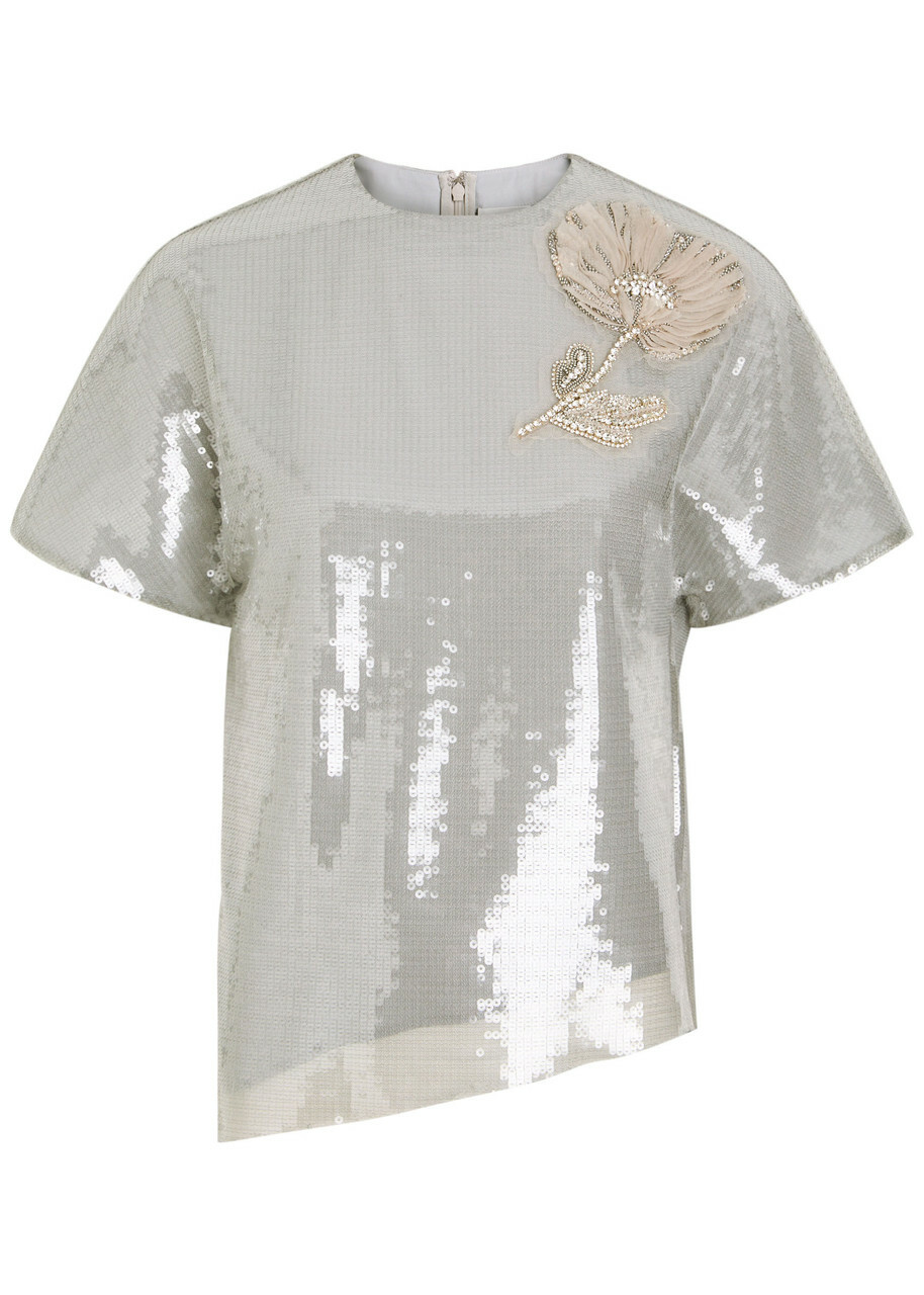Huishan Zhang Sammi Floral-appliquéd Sequin T-shirt Silver