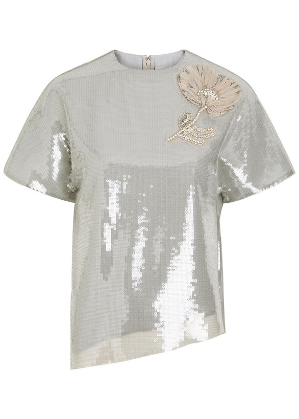 Photo: Huishan Zhang Sammi Floral-appliquéd Sequin T-shirt Silver