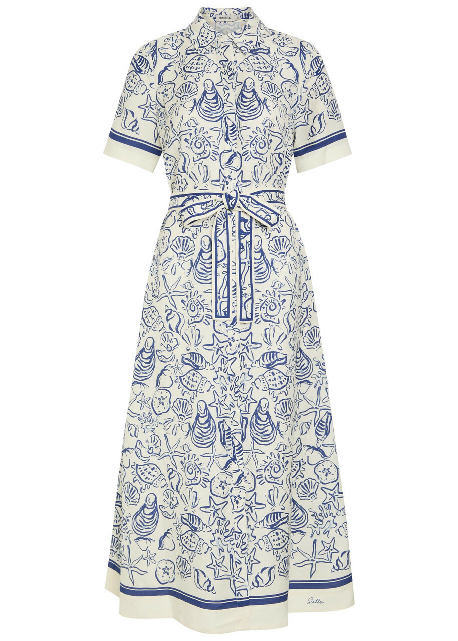 Simkhai Audria Printed Belted Linen-blend Midi Shirt Dress Blue