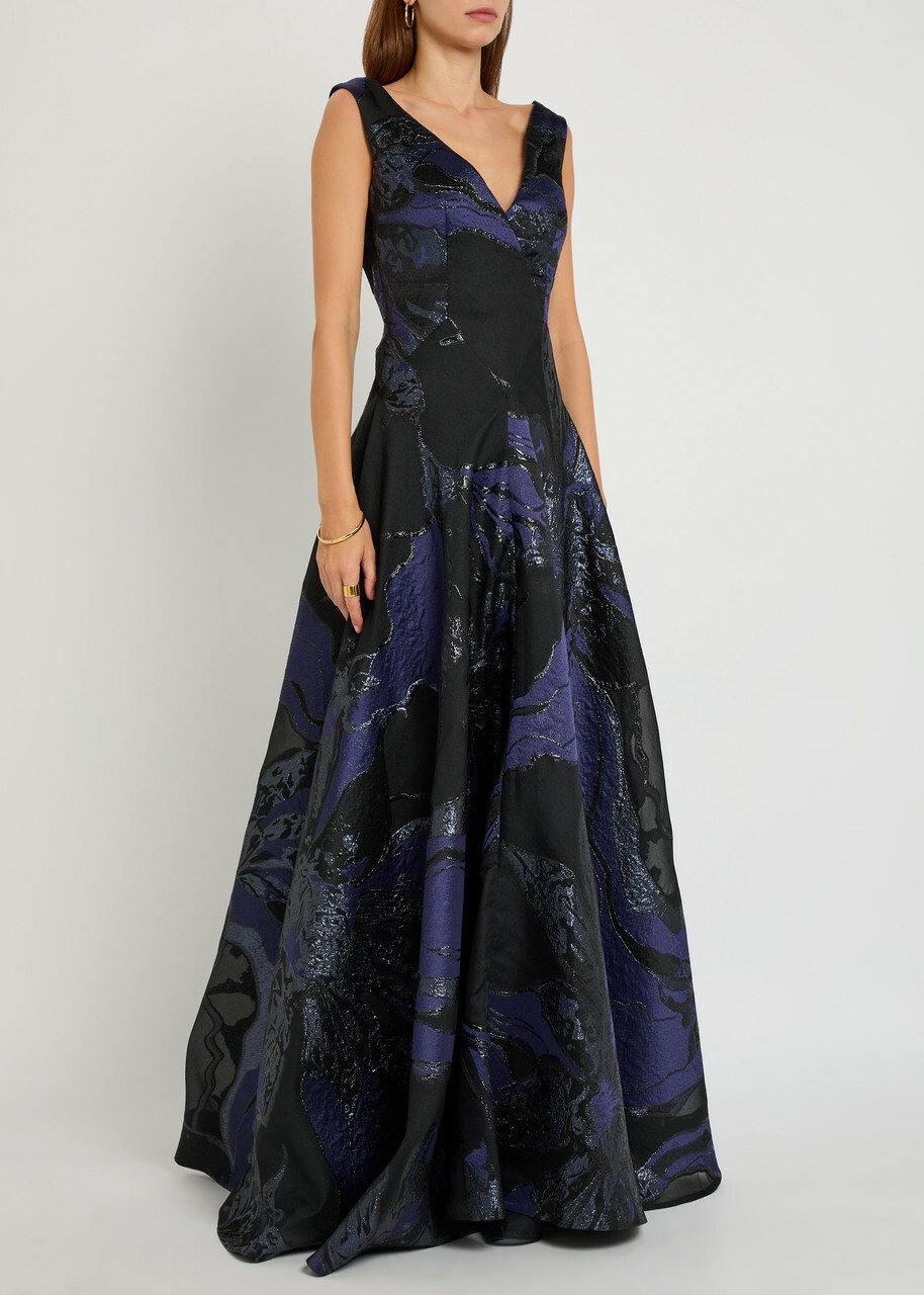 Talbot Runhof Floral-jacquard Woven Gown Navy
