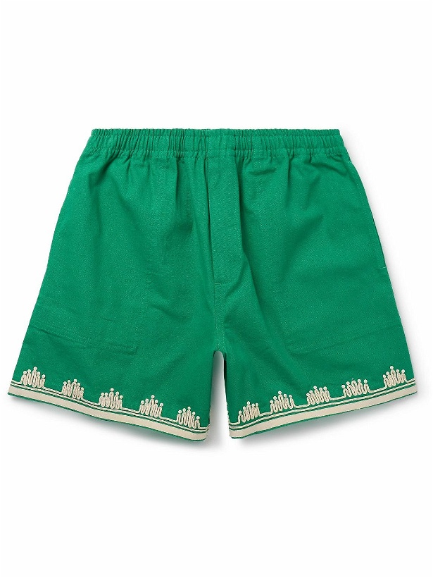 Photo: BODE - Ripple Straight-Leg Embellished Grosgrain-Trimmed Cotton-Canvas Shorts - Green