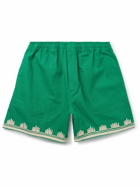 BODE - Ripple Straight-Leg Embellished Grosgrain-Trimmed Cotton-Canvas Shorts - Green