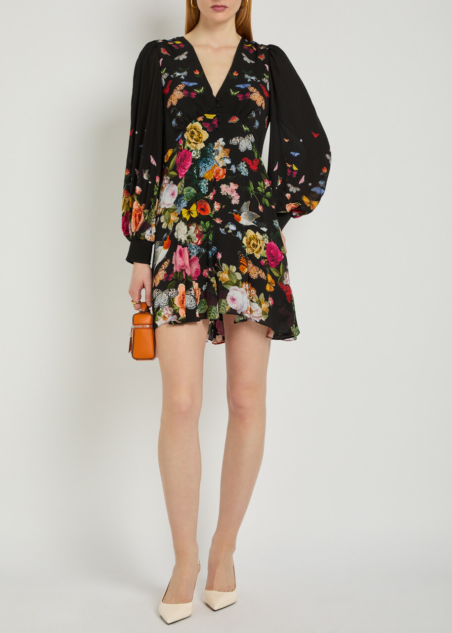 Alice + Olivia Irene Empire Waist Printed Woven Mini Dress Black
