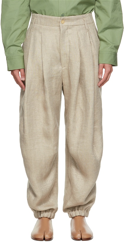 Photo: Hed Mayner Taupe Linen Herringbone Trousers