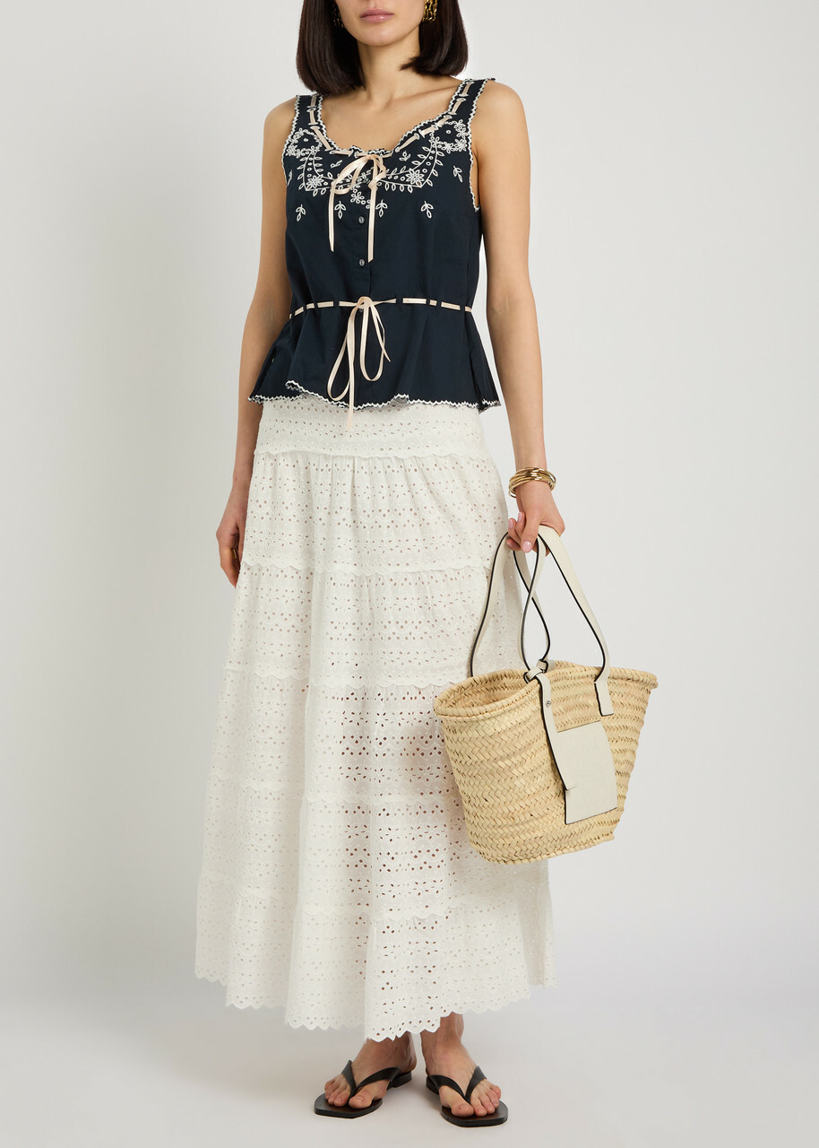 Rixo Ripeka Embroidered Cotton Midi Skirt Ivory
