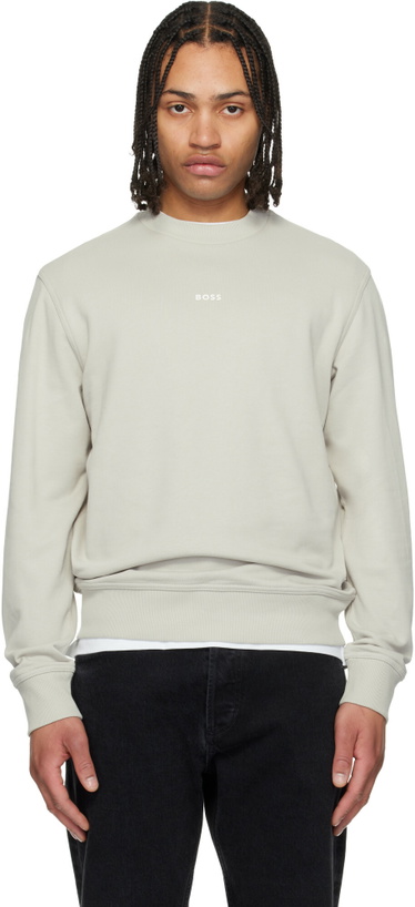 Photo: BOSS Gray Relaxed-Fit Cotton Terry Contrast Logo Sweatshirt