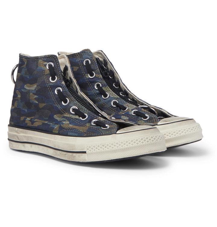 Photo: Converse - Undercover Distressed Camouflage-Print Canvas High-Top Sneakers - Blue