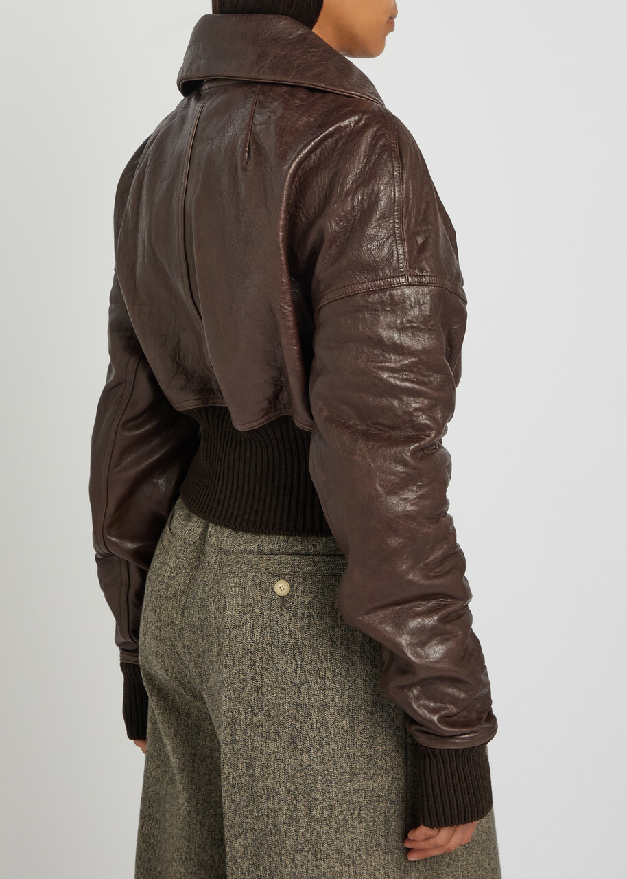 Rick Owens Dracuflight Cropped Leather Bomber Jacket Dark Brown
