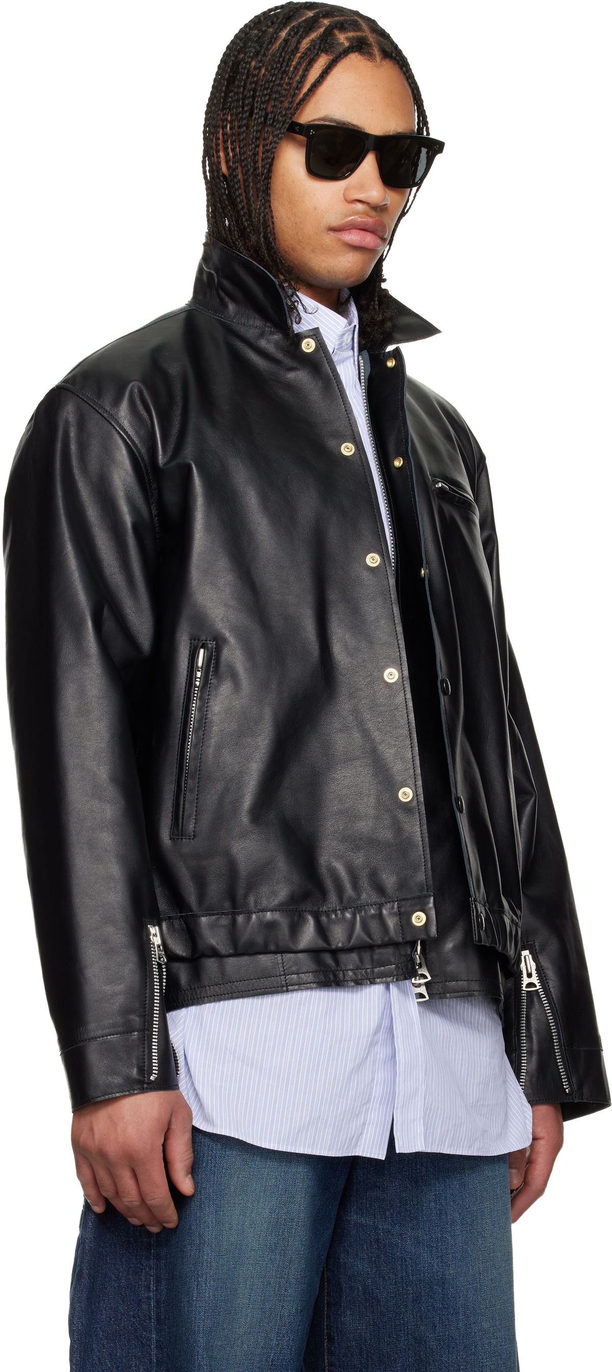 sacai Black Layered Hem Leather Jacket