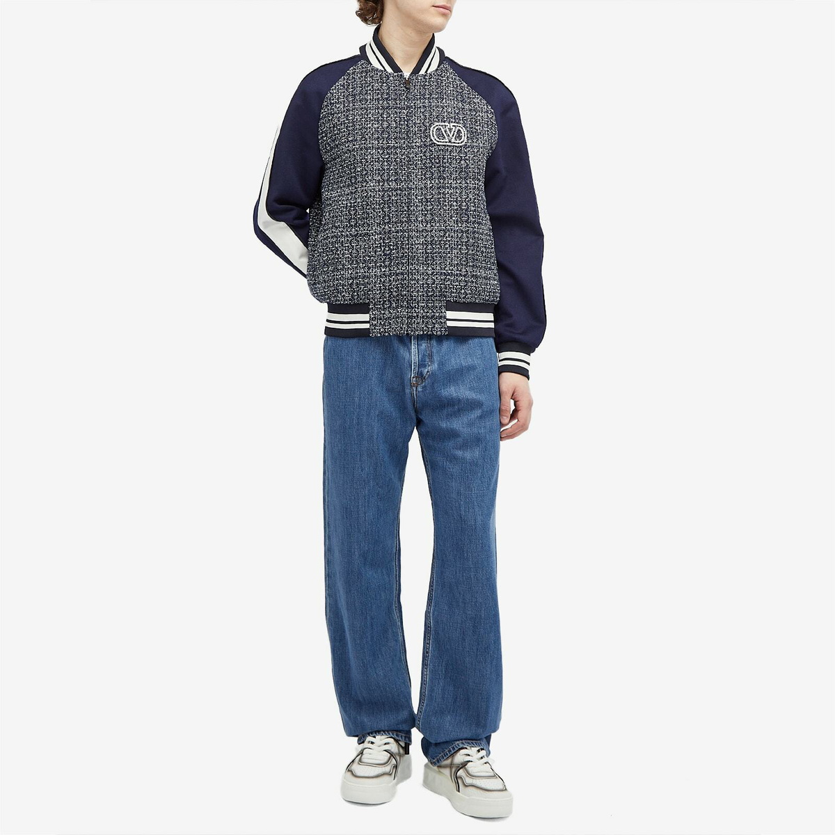 Valentino Men's Signature Wool Bomber Jacket in Blue/White/Navy