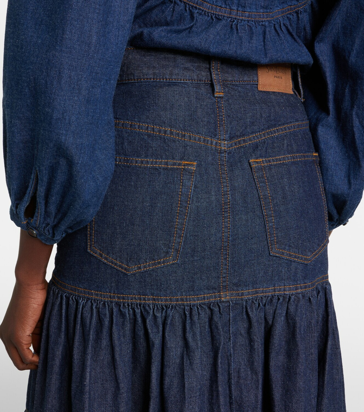 Saint Laurent Tiered denim maxi skirt