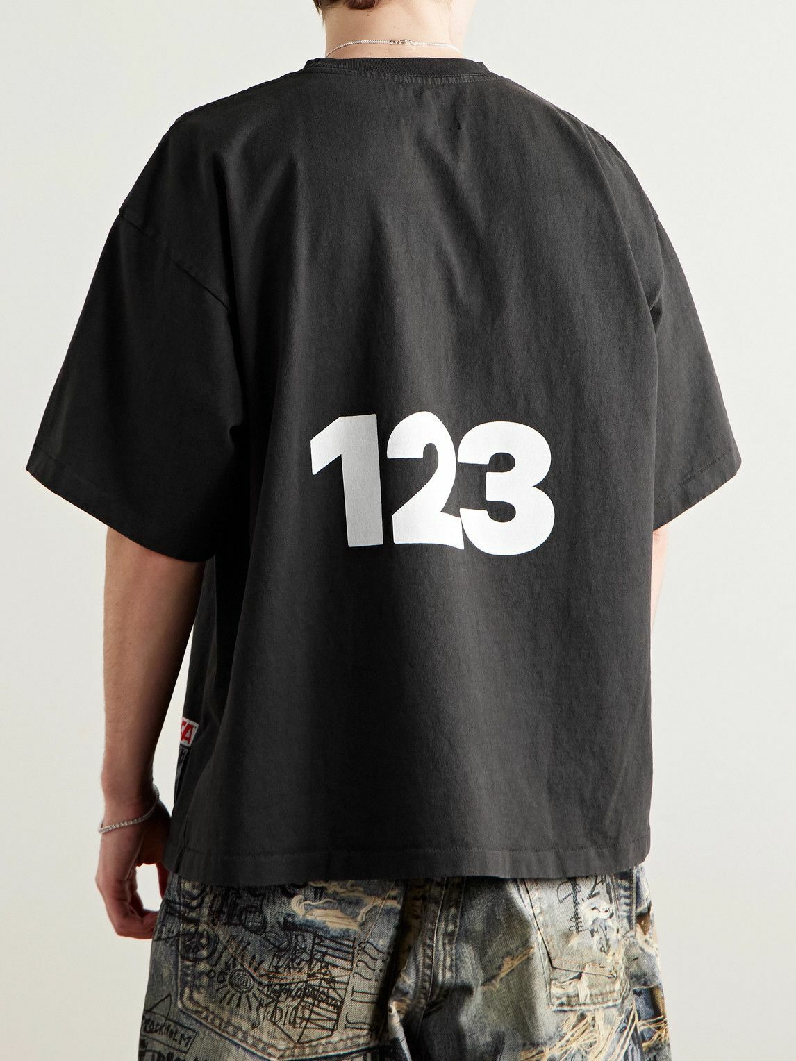 RRR123 - Logo-Print Embroidered Cotton-Jersey T-Shirt - Black