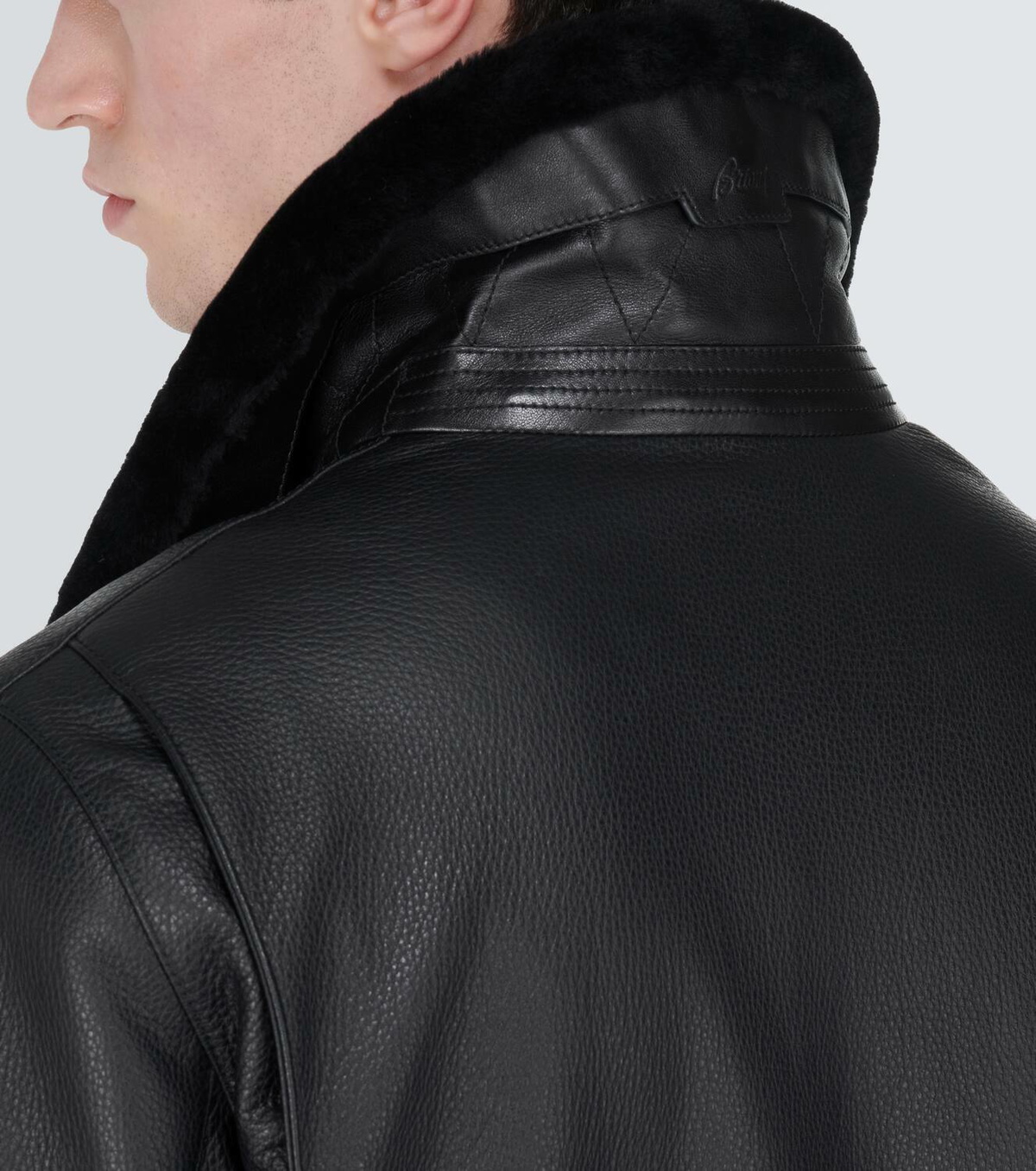 Brioni Shearling-trimmed leather bomber jacket