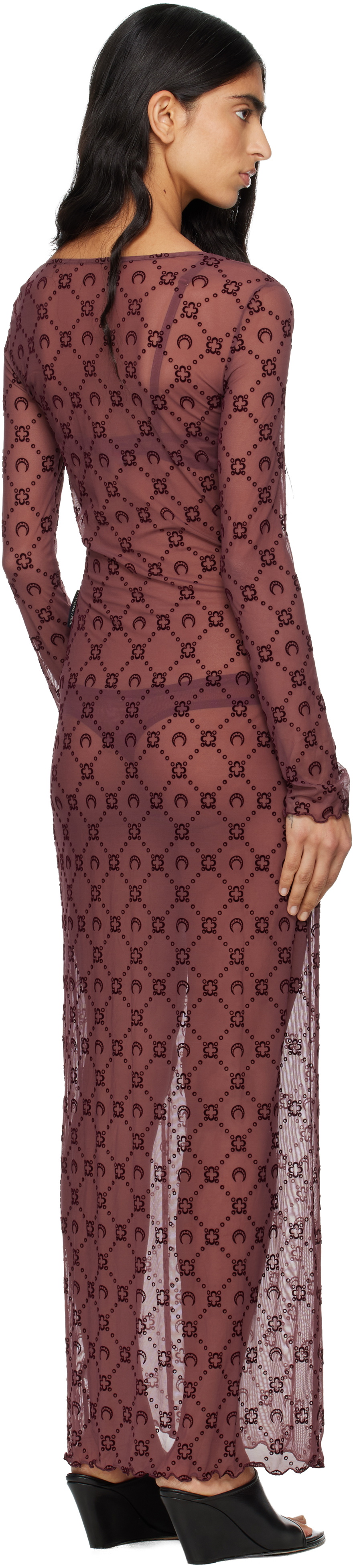 Marine Serre Burgundy Moonogram Mesh Flock Maxi Dress