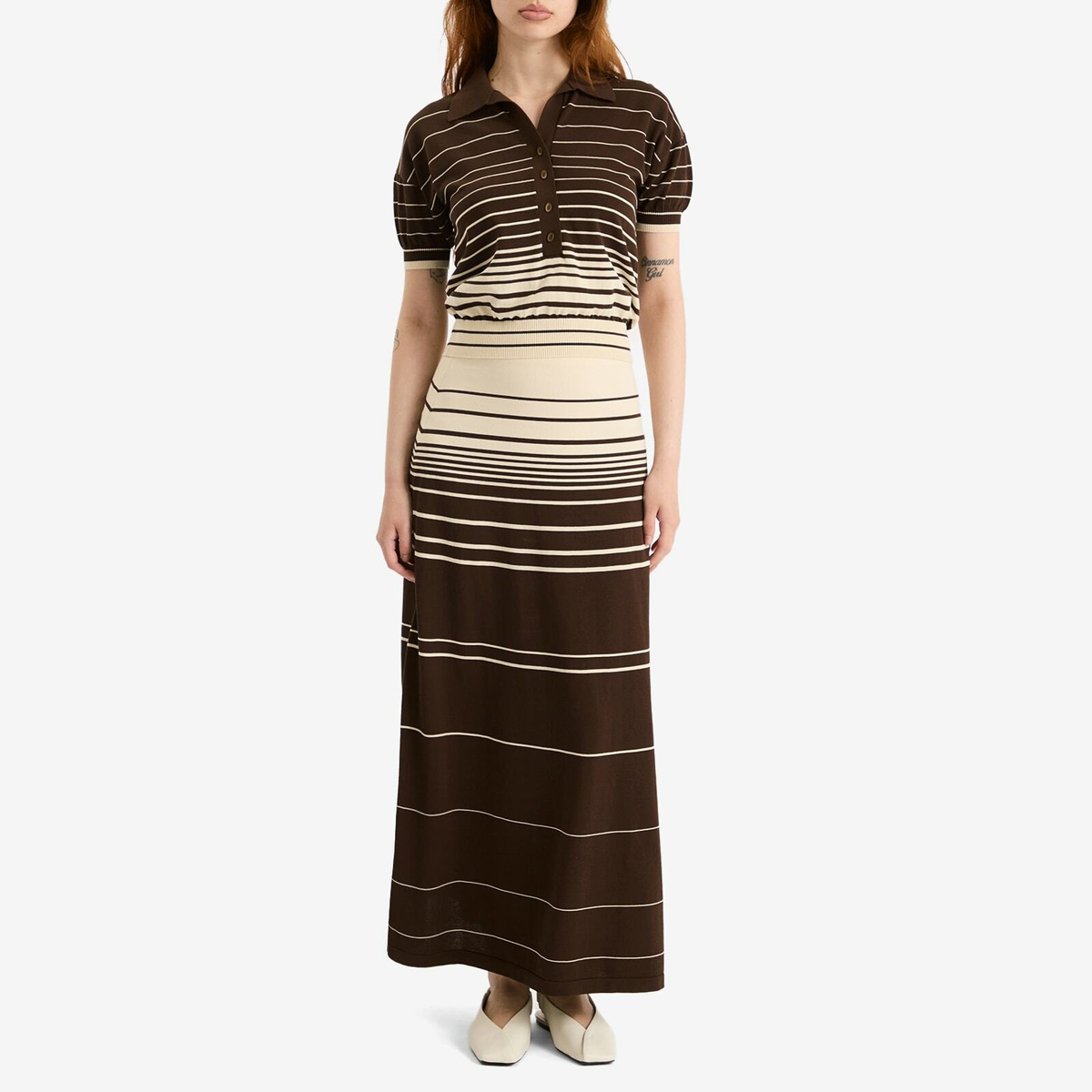 Faithfull The Brand Women's Sable Polo Shirt in Accordion Stripe Brown Beige