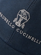 Brunello Cucinelli - Logo-Embroidered Leather-Trimmed Cotton-Twill Baseball Cap - Blue