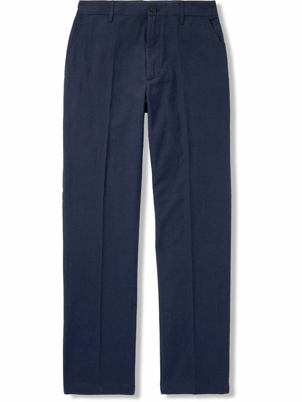 Photo: Dunhill - Straight-Leg Striped Cotton and Linen-Blend Trousers - Blue