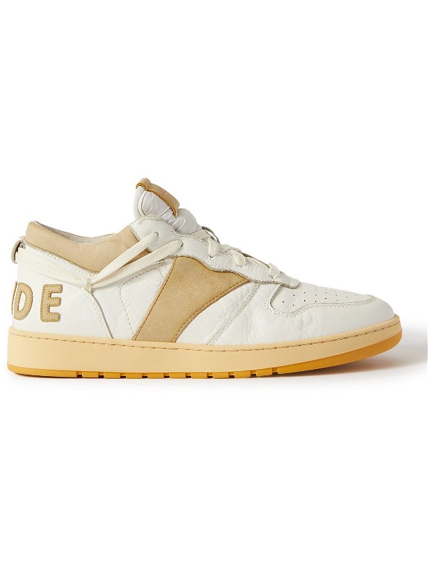 Photo: Rhude - Rhecess Logo-Appliquéd Distressed Leather Sneakers - Yellow