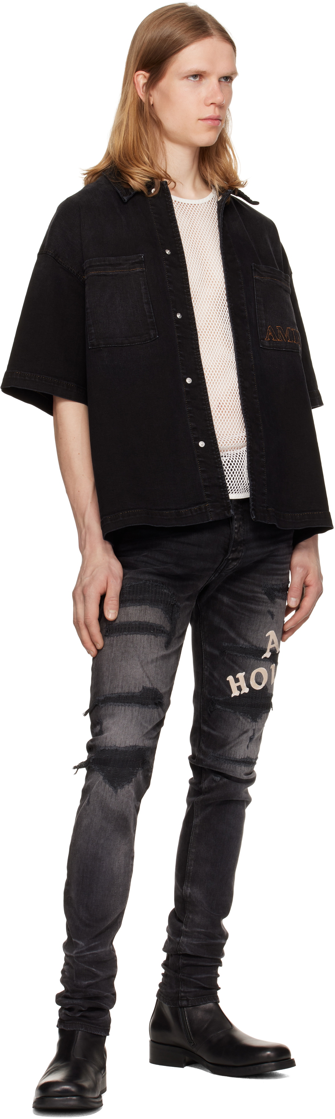 AMIRI Black 'AMIRI' 3D Short Sleeve Snap Denim Shirt Amiri
