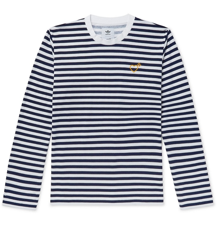Photo: adidas Consortium - Human Made Logo-Embroidered Striped Cotton-Jersey T-Shirt - Blue