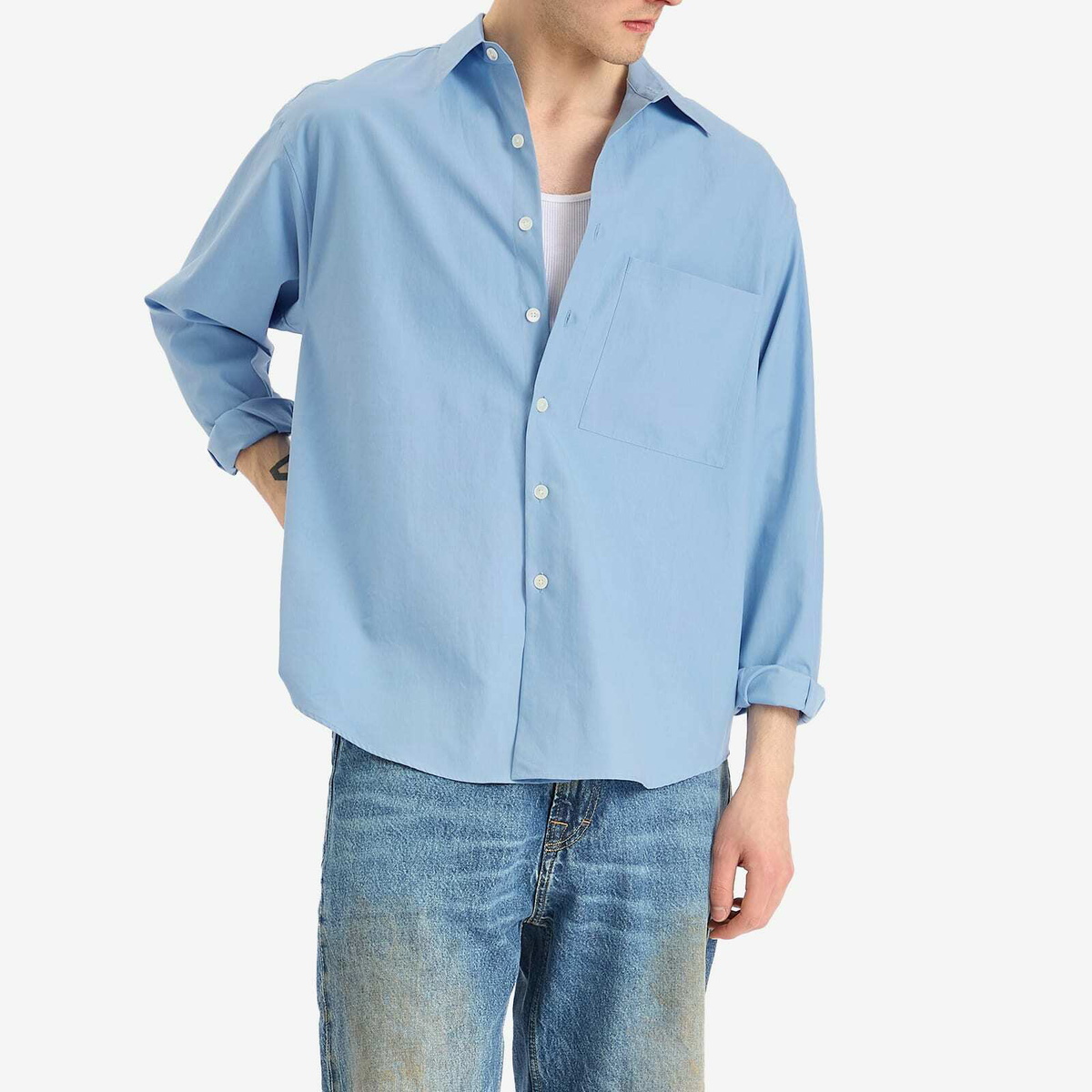 Auralee Men's Washed Finx Twill Big Shirt in Blue Auralee