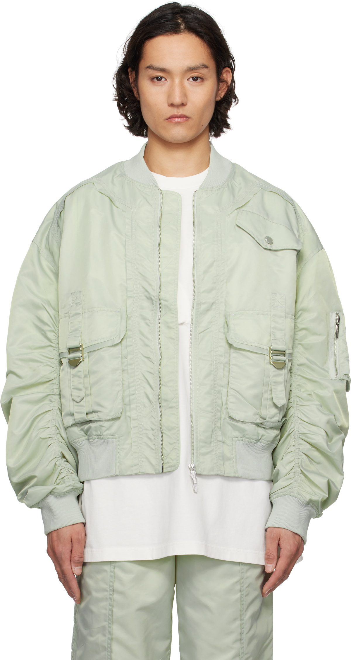 Feng Chen Wang Green Nylon Utility Bomber Jacket