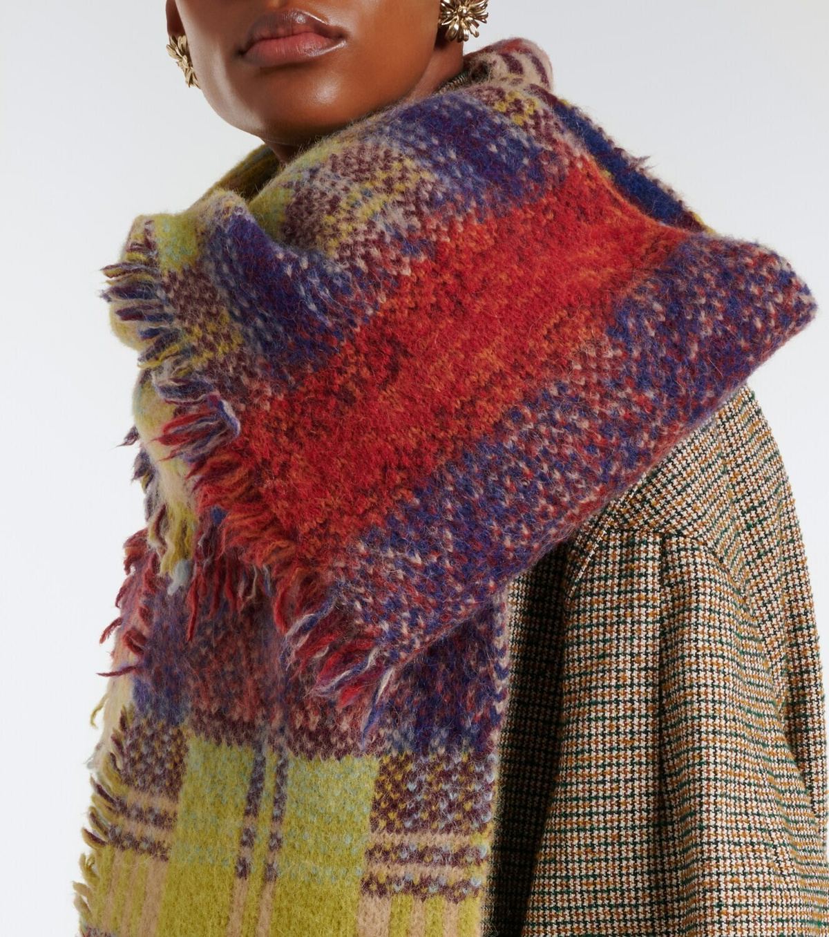 Dries Van Noten Checked fringed wool and alpaca-blend scarf