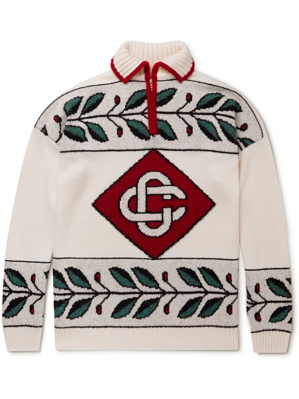 Photo: Casablanca - Logo-Intarsia Wool-Blend Half-Zip Sweater - White