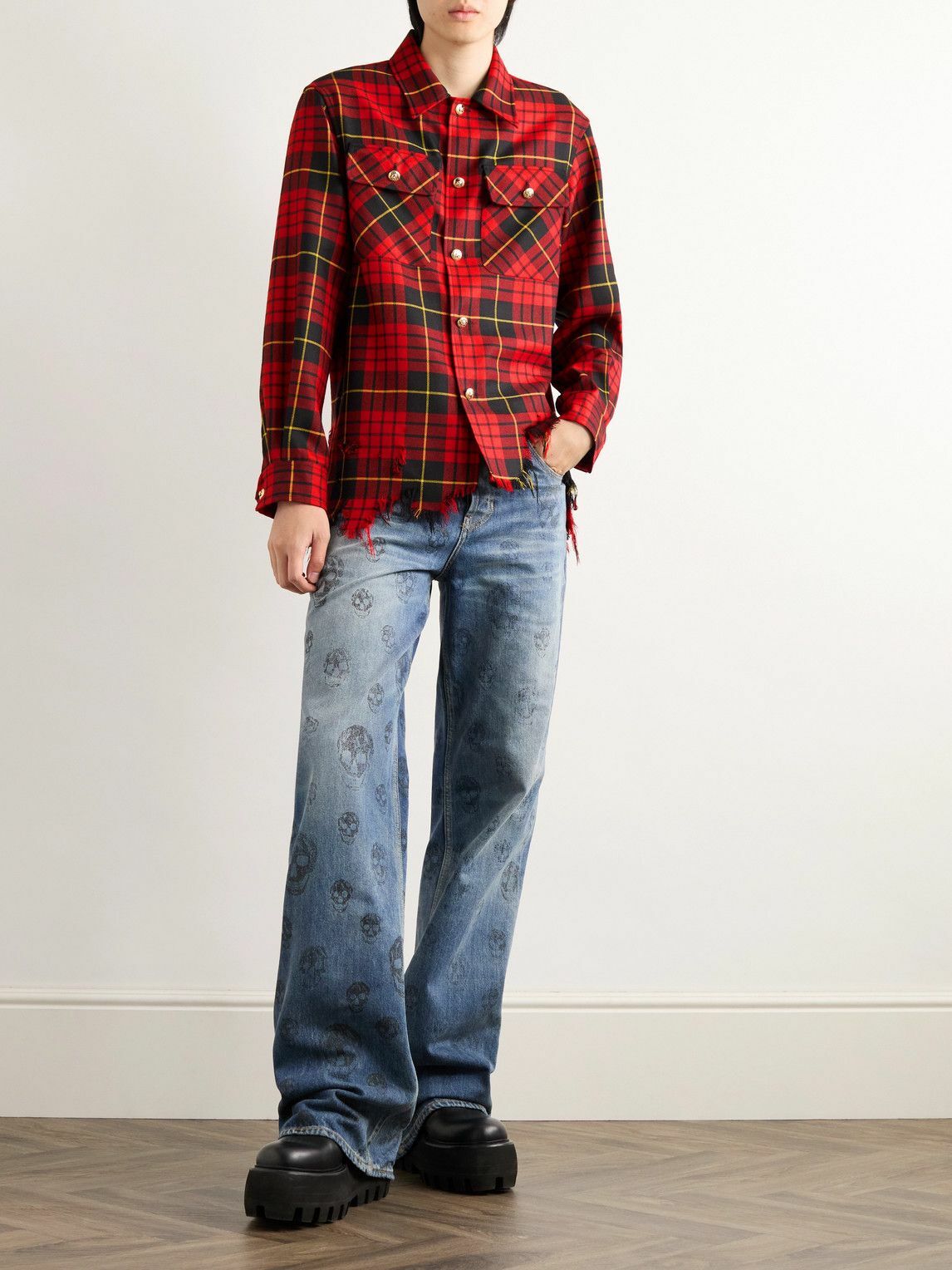 Alexander McQueen オンブレチェックシャツ Alexander McQueen - Distressed Checked Wool-Flannel Overshirt